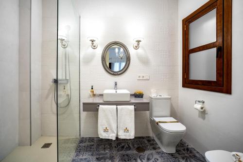 a bathroom with a toilet and a sink and a mirror at Hotel boutique Palacio de la Veracruz in Alcalá la Real