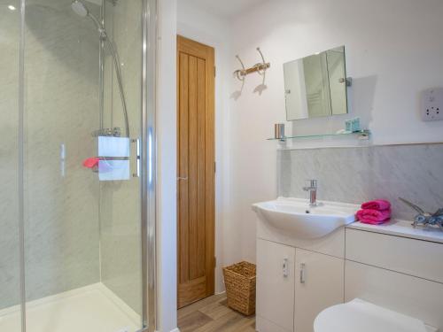 ein Bad mit einer Dusche und einem Waschbecken in der Unterkunft Bay Tree Cottage in Droitwich