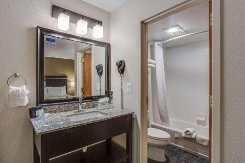 La salle de bains est pourvue d'un lavabo, de toilettes et d'un miroir. dans l'établissement Quality Inn & Suites, à Meridian