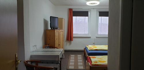 Zimmer mit einem Bett, einem Tisch und einem TV in der Unterkunft Pension Garni Zur Schamper Mühle in Gotthun