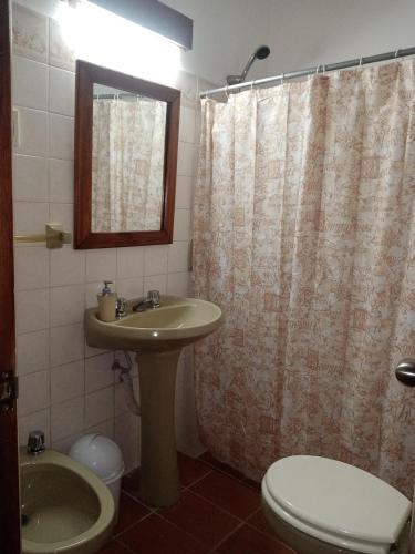 a bathroom with a sink and a toilet and a shower at BUNGALOWS JAUREGUIBEACH in Jaureguiberry
