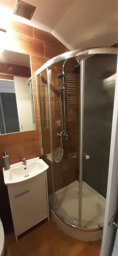 a bathroom with a shower and a sink at Old Town in Tarnów