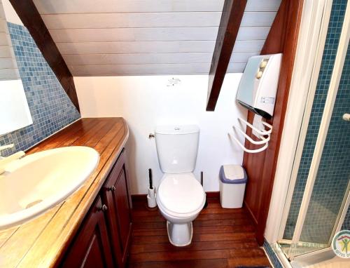 une salle de bain avec toilettes et lavabo dans l'établissement Maison charmante à Trédrez-Locquémeau avec jardin et terrasse, à Trédrez