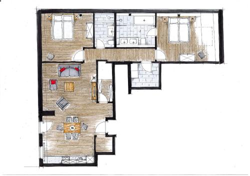 een tekening van een plattegrond van een huis bij Ferienwohnungen im Gasthof Stern inklusive KönigsCard in Unterammergau