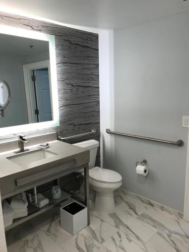 a bathroom with a sink and a toilet and a mirror at River Street Inn in Savannah