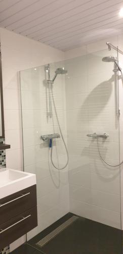 a white bathroom with a shower and a sink at Appartement Zilte Lucht in Wilhelminadorp