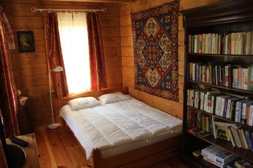 a small bed in a room with a book shelf at Folwark Stare Masiewo TRYBA in Narewka
