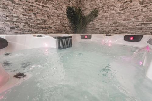 a jacuzzi tub with a faucet in a bathroom at Art Déco Gare & Spa in Reims