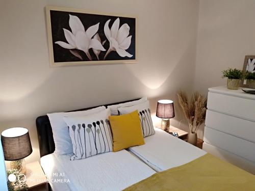 Álom Apartman في ميزوكوفسد: غرفة نوم بسرير مع مخدات صفراء وبيضاء