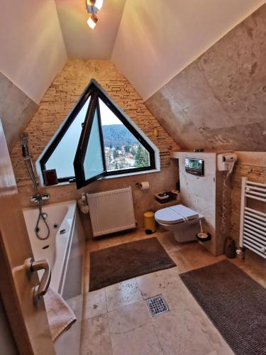 a bathroom with a toilet and a large window at Apartament Kalinderu K1 Bușteni in Buşteni