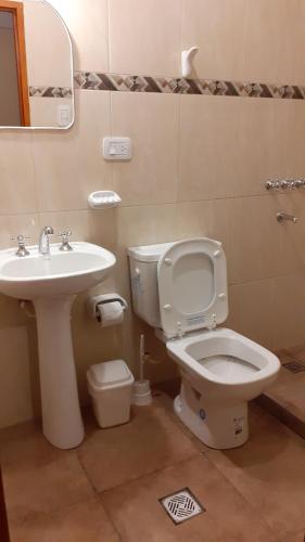 a bathroom with a toilet and a sink at HOSTAL LA PLAZA IRUYA in Iruya