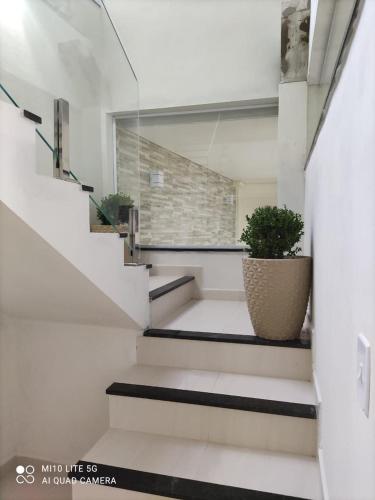a stairway with a potted plant in a building at Pousada das Letras in São Thomé das Letras