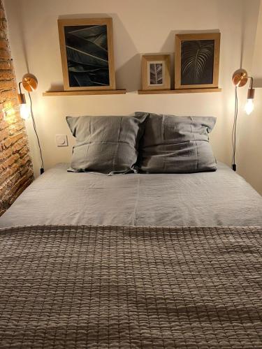 une chambre avec un lit avec deux lampes dessus dans l'établissement STUDIO CHARMANT-CONFORT-HYPERCENTRE-METRO-WIFI, à Toulouse
