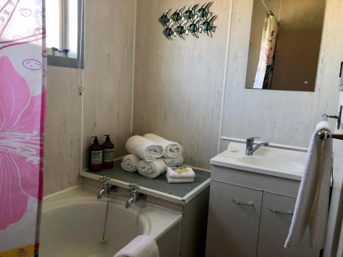 une salle de bain avec une baignoire et un lavabo dans l'établissement High Country Cottage, à Twizel