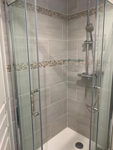 a shower with a glass door in a bathroom at Hotel Les Embruns in Le Touquet-Paris-Plage