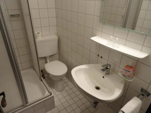 a white bathroom with a toilet and a sink at Apparthotel Alte Innbrücke-24Std-Self-Check in-Haustiere Willkommen in Neuhaus am Inn