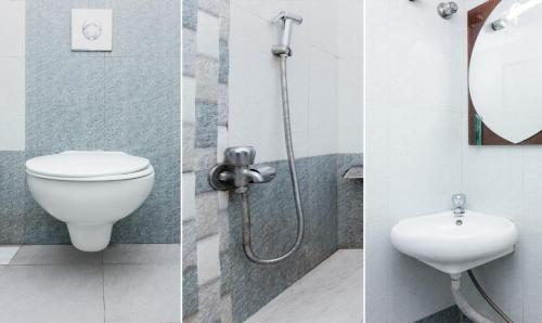 two pictures of a bathroom with a toilet and a sink at Hotel Amber-colaba in Mumbai