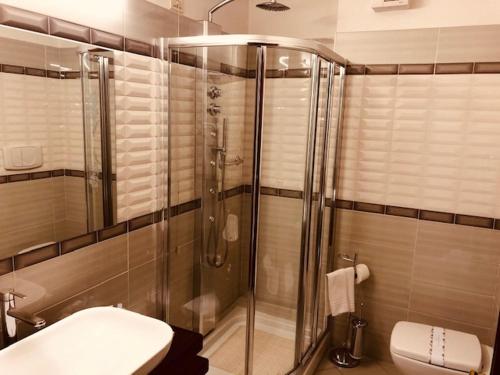 a bathroom with a shower and a toilet at Hotel Paradiso in Asiago