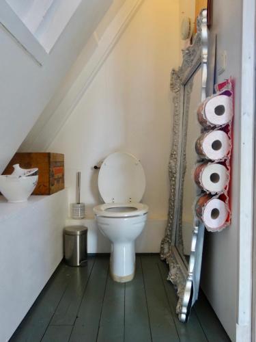 ein Badezimmer mit Toilette und Spiegel in der Unterkunft Choco Loca Loft, Bed, Bad & Bol in ’s-Hertogenbosch