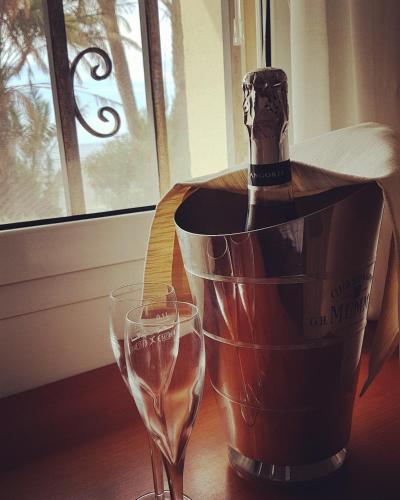 a bottle of wine in a bucket next to a glass at Hotel Villa Sophia in Sanremo