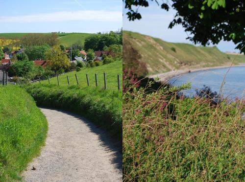 two pictures of a path next to a beach at Kåseberga Hideout in Kåseberga