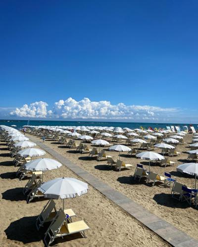 a row of chairs and umbrellas on a beach at Grand Hotel Cesenatico in Cesenatico
