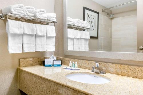 a bathroom with a sink and a mirror and towels at Quality Inn & Suites Apex-Holly Springs in Apex