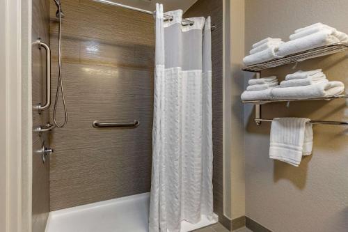 a bathroom with a shower with a white shower curtain at Comfort Suites Pineville - Ballantyne Area in Charlotte