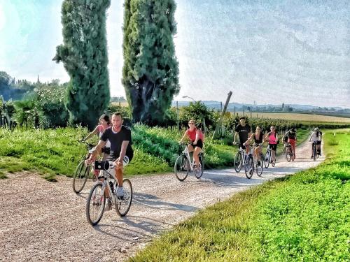 Eine Gruppe von Menschen, die auf einer unbefestigten Straße Fahrrad fahren in der Unterkunft Agriturismo Nuvolino in Monzambano