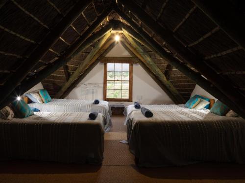 a room with three beds in a attic at Alpha Excelsior Guest Farm in Cederberg