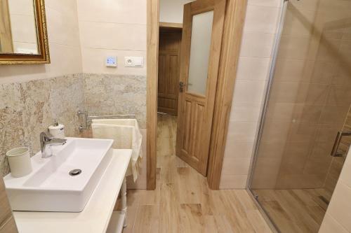 a bathroom with a sink and a shower at Chata Matzo in Mýto pod Ďumbierom