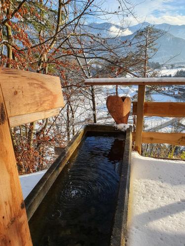 a pool of water in the snow next to a bench at Das Haus Steger zu Stein in Kramsach
