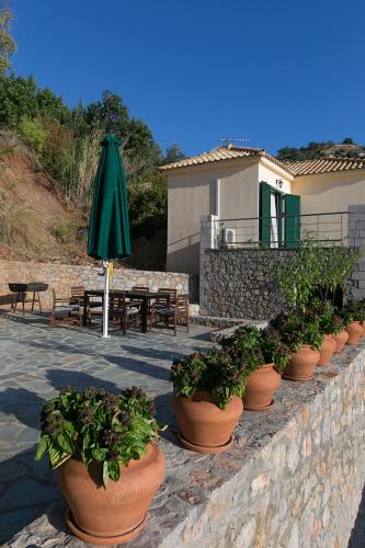 a row of potted plants on a stone wall at Kissakas Villas in Leonidion