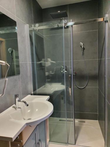 La salle de bains est pourvue d'une douche et d'un lavabo. dans l'établissement Hotel Schneider Apartaments, à Langenhagen