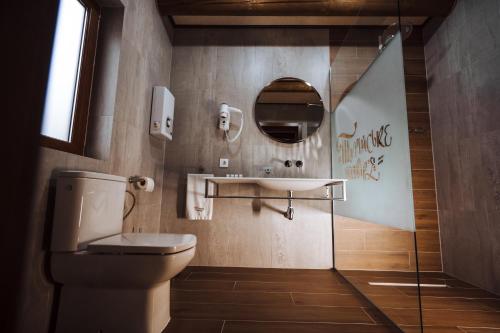 a bathroom with a toilet and a sink and a mirror at Turiyske Podvir'ya in Blazhennik