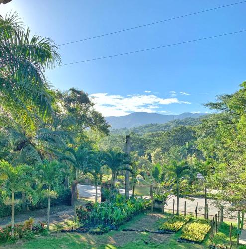 a garden with palm trees and mountains in the background at Hotel La Casablanca Tayrona in Calabazo