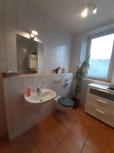 a bathroom with a sink and a toilet and a window at Fe Wo Am Alten Rathaus in Andernach