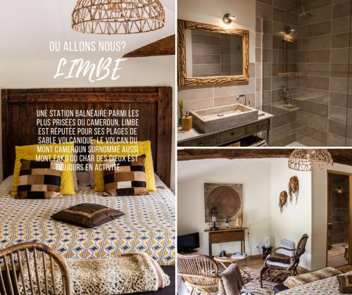 un collage de fotos de un baño con cama y lavabo en Le Clos d'Any, en Fontet