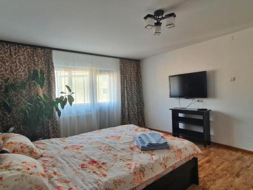 a bedroom with a bed and a flat screen tv at Casa Bianca in Câmpulung Moldovenesc