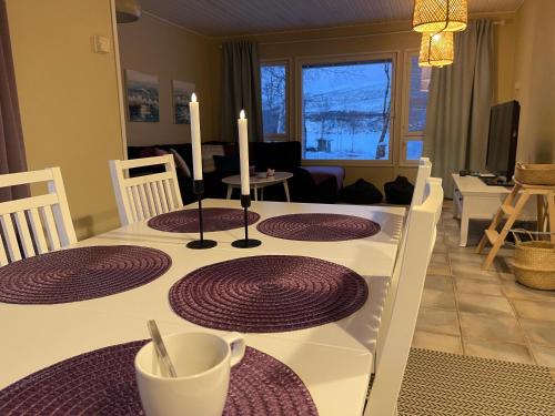 Χώρος καθιστικού στο Villa Arktika porealtaallinen mökki Nuorgamissa Tenojoen ja tunturien vieressä