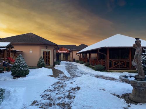 a house with snow on the ground next to a building at Пансіонат Маленька Квітка Kis Virág Panzió in Velyka Bihanʼ