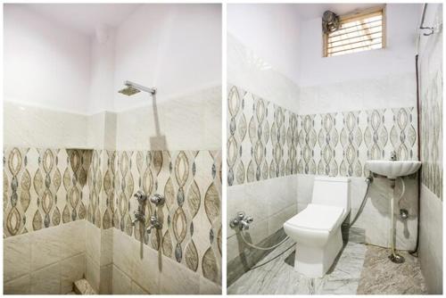 two pictures of a bathroom with a toilet and a shower at Hotel Aakash Ganga in Varanasi