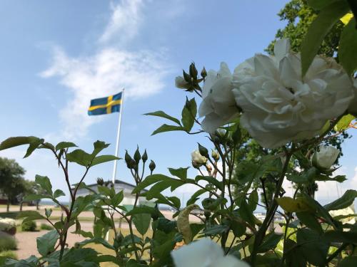 a swedish flag flying over a white flower at Hotell Magasin 1 in Mörbylånga