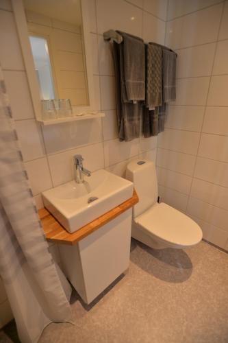 a bathroom with a sink and a toilet and a mirror at Hotell Magasin 1 in Mörbylånga