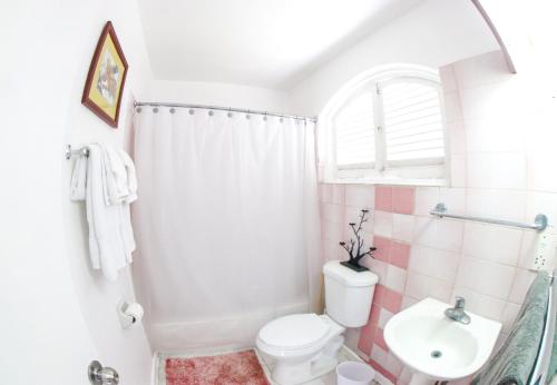 a bathroom with a toilet and a sink at Fisherman Point Beach Resort in Ocho Rios