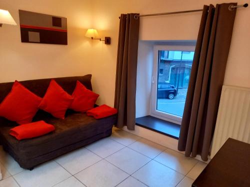 a couch with red pillows in a room with a window at Hebergement confort Comfortlogies La Fontanella in La Roche-en-Ardenne