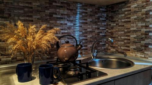 a tea kettle sitting on top of a stove in a kitchen at Borjomi Cottages in Borjomi