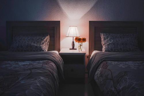 two beds in a room with a lamp and flowers at Borjomi Cottages in Borjomi