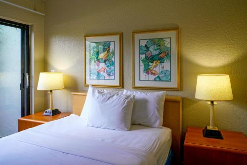a hotel room with a bed with two lamps on it at Ventura at Boca Raton in Boca Raton
