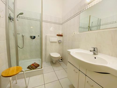 een badkamer met een wastafel, een douche en een toilet bij Villa Caprivi - Ferienwohnung 7 in Heringsdorf